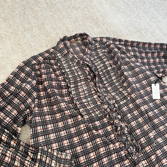 NWOT Free People One Cotton Long Sleeve Button Up Plaid Blouse Top S - Picture 3 of 11